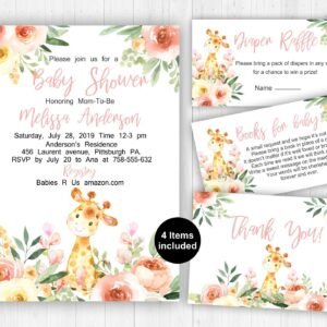 GIRAFFE baby shower invitation girl, safari Baby Shower set invitation, jungle baby shower invites, Giraffe shower, printable invitation