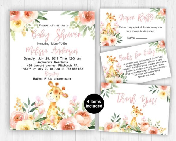 GIRAFFE baby shower invitation girl, safari Baby Shower set invitation, jungle baby shower invites, Giraffe shower, printable invitation