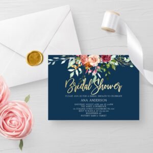 Navy bridal shower invitation, Floral burgundy, Marsala watercolor, Navy and gold, custom printable invite, romantic bride, bridal brunch