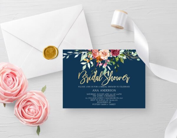 Navy bridal shower invitation, Floral burgundy, Marsala watercolor, Navy and gold, custom printable invite, romantic bride, bridal brunch
