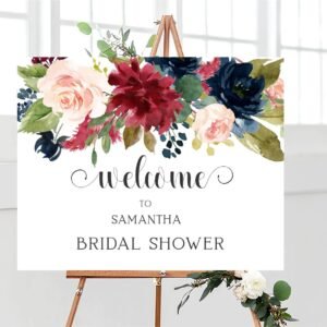 Burgundy Navy Welcome sign Bridal shower, Decorations, printable sign, bridal shower decorations, burgundy shower, floral watercolor