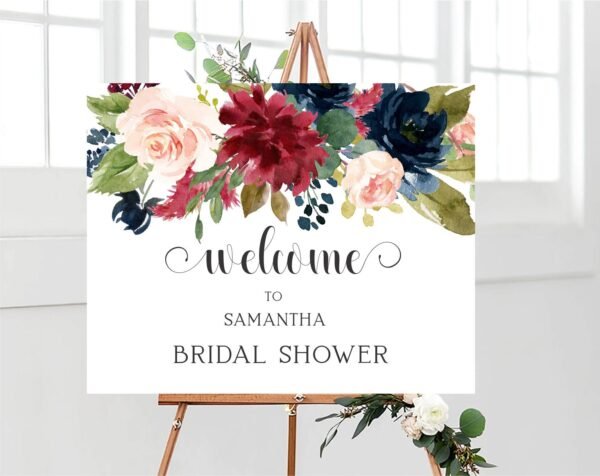 Burgundy Navy Welcome sign Bridal shower, Decorations, printable sign, bridal shower decorations, burgundy shower, floral watercolor
