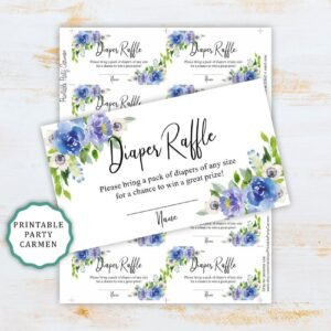Floral blue diaper raffle cards, baby shower diaper raffle tickets, printable, inserts baby shower