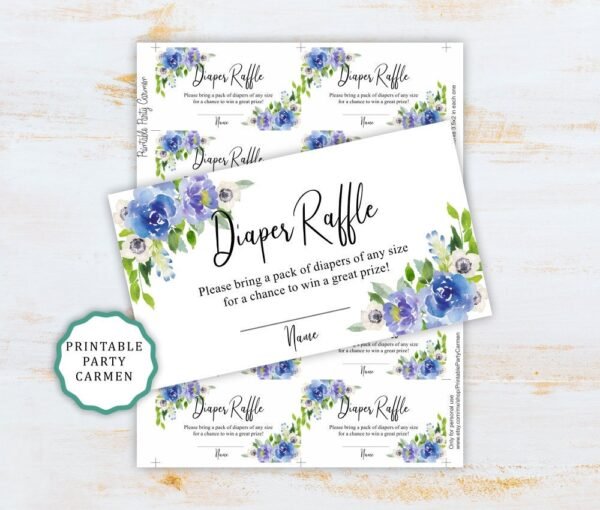 Floral blue diaper raffle cards, baby shower diaper raffle tickets, printable, inserts baby shower