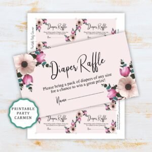 Diaper raffle cards baby shower, printable diaper raffle, diaper raffle inserts, pink, tulips