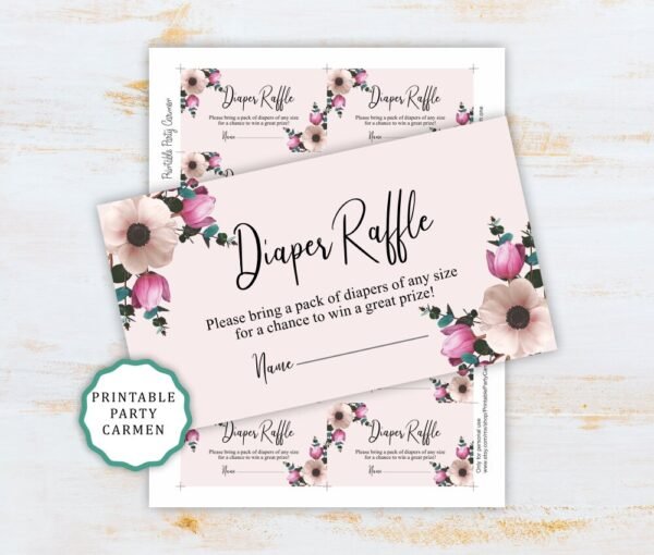 Diaper raffle cards baby shower, printable diaper raffle, diaper raffle inserts, pink, tulips