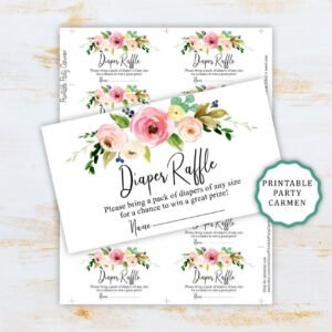 Diaper raffle cards floral baby shower girl pink floral watercolor printable diaper raffle card instant download diaper raffle ticket, boho