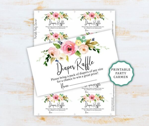 Diaper raffle cards floral baby shower girl pink floral watercolor printable diaper raffle card instant download diaper raffle ticket, boho