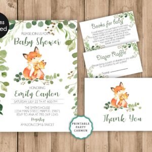 Woodland Fox baby shower invitation, gender neutral, greenery forest, printable invitation, diaper raffle, thank you card