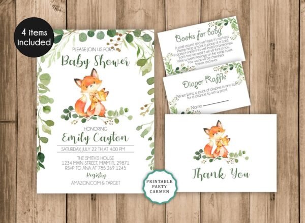 Woodland Fox baby shower invitation, gender neutral, greenery forest, printable invitation, diaper raffle, thank you card