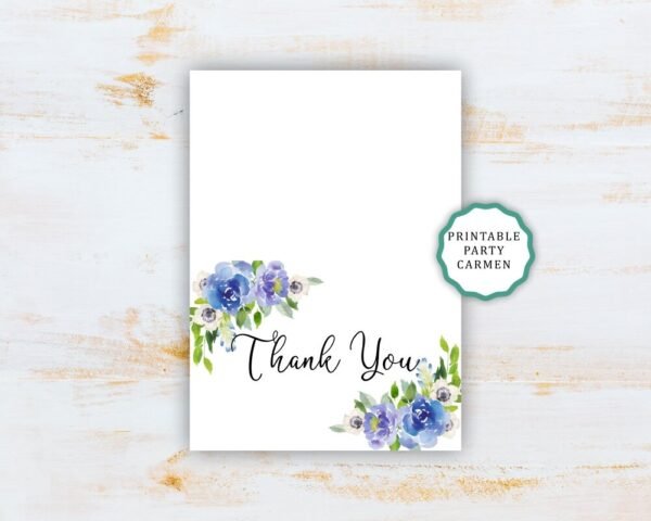 Floral blue thank you card, bridal shower thank you card, Baby shower, baptism, Thank you card printable, Thank you notes, Postcard - Image 2