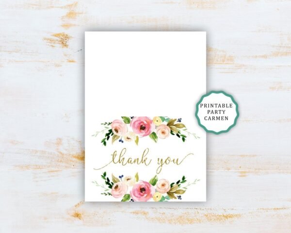 Floral thank you card, printable thank you card, bridal shower, Baby shower, Floral watercolor, pink and gold, INSTANT DOWNLOAD - Image 2