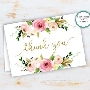 Floral thank you card, printable thank you card, bridal shower, Baby shower, Floral watercolor, pink and gold, INSTANT DOWNLOAD