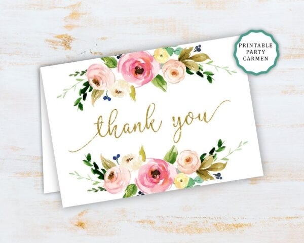 Floral thank you card, printable thank you card, bridal shower, Baby shower, Floral watercolor, pink and gold, INSTANT DOWNLOAD