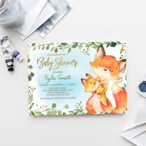 Woodland Fox baby shower invitation, mother and baby, boy baby shower, greenery forest, printable invitation