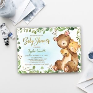Woodland baby shower invitation, boy baby shower, printable invitation, bear baby shower, mother and baby, greenery forest