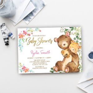 Woodland baby shower invitación, Girl Baby Shower, bear, Girl baby invite, printable invitation, mother and baby