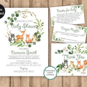 Woodland invitation, baby shower invite, gender neutral, woodland animals greenery, printable invitation, Forest, diaper raffle, set
