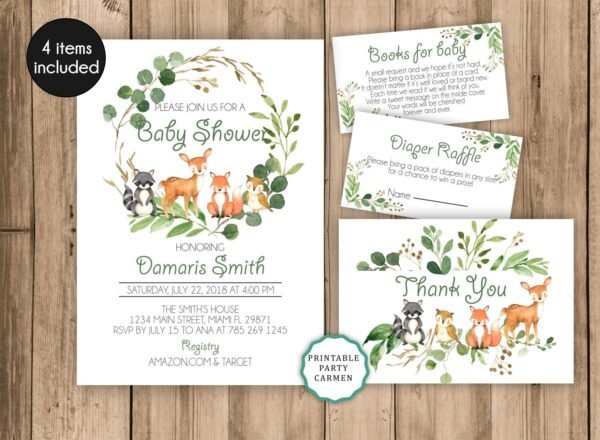 Woodland invitation, baby shower invite, gender neutral, woodland animals greenery, printable invitation, Forest, diaper raffle, set