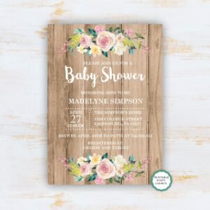 RUSTIC floral baby shower invitation girl, Boho, vintage, Printable invitation, Floral watercolor, Wood