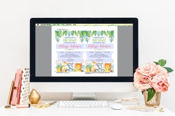 Jungle baby shower invitation, girl baby shower, Safari baby shower, Tropical baby shower, Elephant, Giraffe, Lion, Jungle animals - Image 2