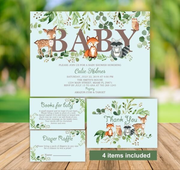 Woodland animals baby shower invitation, boy baby shower, printable invitation, woodland invite, greenery shower