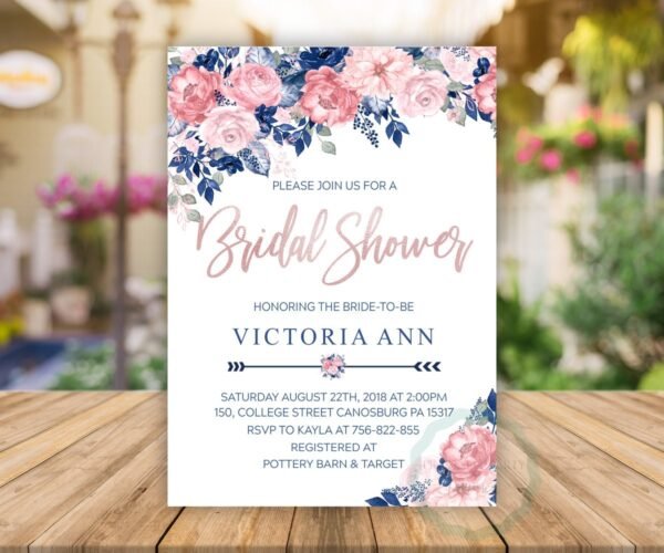 Blush navy Bridal Shower Invitation, Printable invitation, floral watercolor, Romantic bridal, Bridal tea