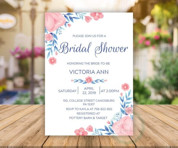 Blush Navy Bridal Shower Invitation, floral watercolor, printable invitation, bridal brunch, fiesta