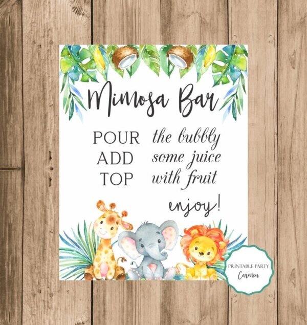 Mimosa bar sign Jungle baby shower Safari baby shower Gender neutral, Jungle animals Decorations