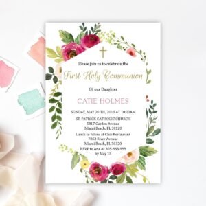 First holy communion invitation girl, printable invitation, floral communion invite, floral frame watercolor, instant download, 5x7