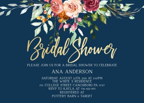 Navy bridal shower invitation, Floral burgundy, Marsala watercolor, Navy and gold, custom printable invite, romantic bride, bridal brunch - Image 2