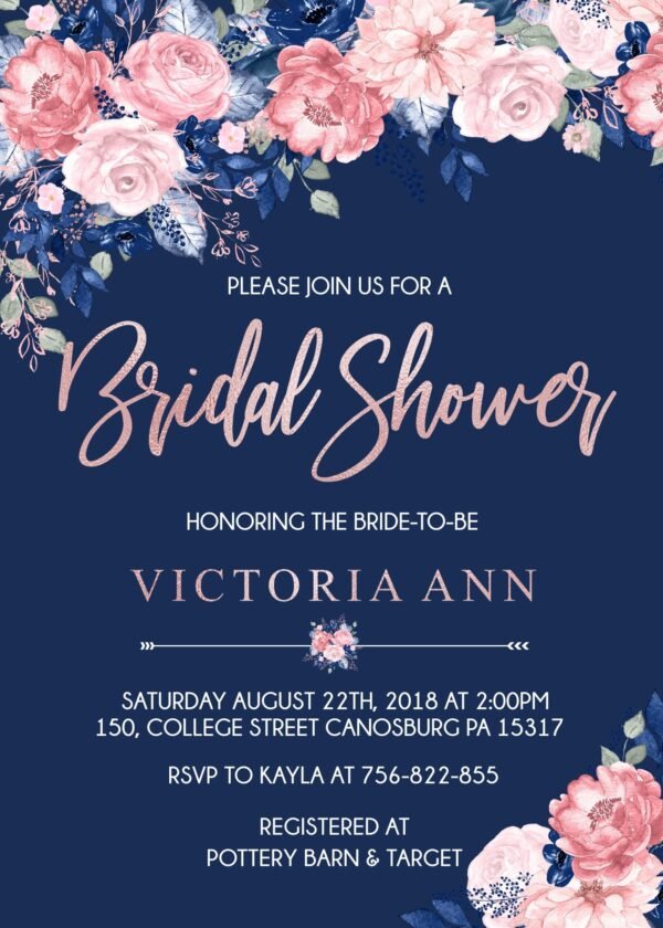 Blush floral navy bridal shower invitation, custom printable invitation, romantic bride, bridal brunch, Navy and blush - Image 2