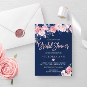 Blush floral navy bridal shower invitation, custom printable invitation, romantic bride, bridal brunch, Navy and blush