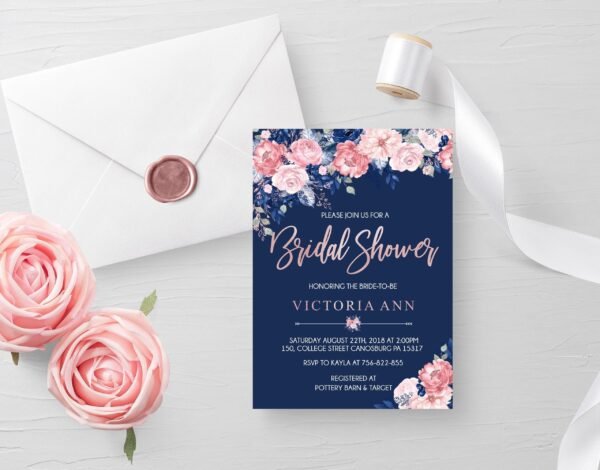 Blush floral navy bridal shower invitation, custom printable invitation, romantic bride, bridal brunch, Navy and blush