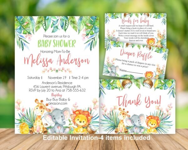 Jungle baby shower invitation, girl baby shower, Safari baby shower, Tropical baby shower, Elephant, Giraffe, Lion, Jungle animals