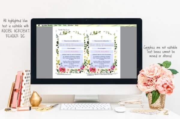 First communion invitation, girl communion, printable invitation, Floral watercolor, instant download, 5x7 - Image 2