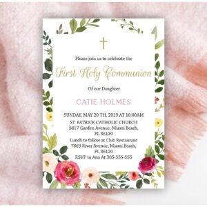 First communion invitation, girl communion, printable invitation, Floral watercolor, instant download, 5x7