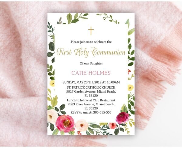 First communion invitation, girl communion, printable invitation, Floral watercolor, instant download, 5x7