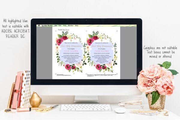 First communion invitation, girl communion, printable invitation, floral watercolor, instant download, size 5x7 - Image 2