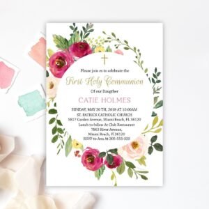 First communion invitation, girl communion, printable invitation, floral watercolor, instant download, size 5x7