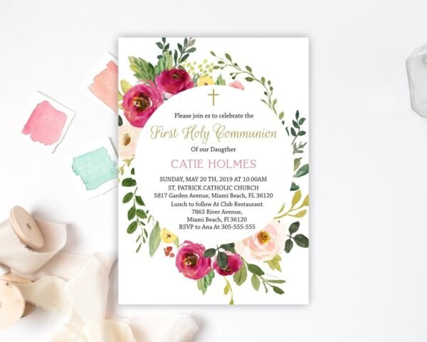 First communion invitation, girl communion, printable invitation, floral watercolor, instant download, size 5x7