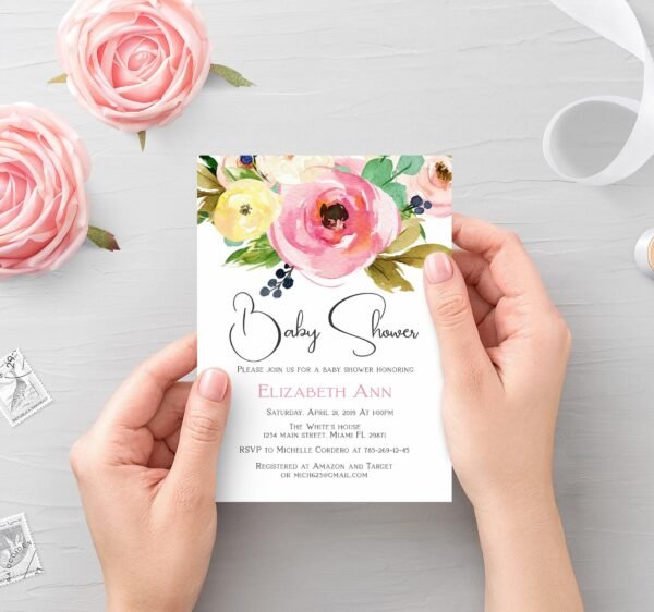Floral Baby shower invitation, girl baby shower, baby shower invite, printable invitation, invitation template, size 5x7