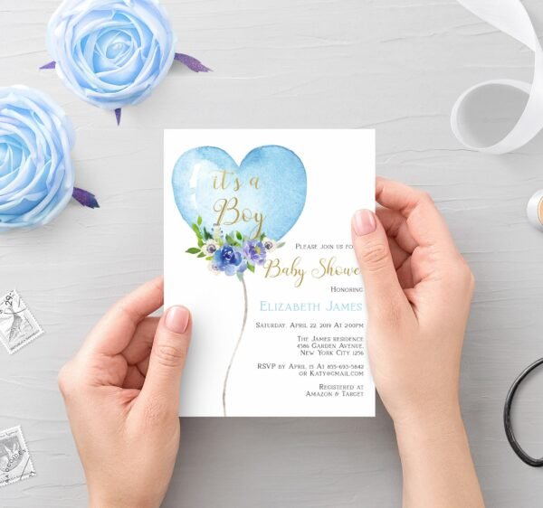 Baby boy shower invitations, shower balloon, printable invitation, it's a boy invite, template baby shower, Instant download, size 5x7 - Image 2
