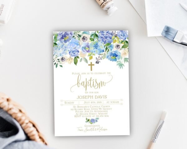 Baptism invitation boy, Boy baptism, Printable invitation, Boy christening, Floral watercolor blue