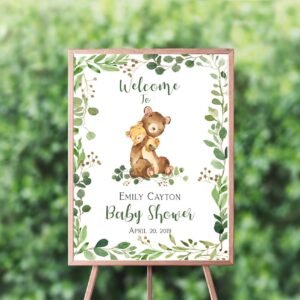 Woodland Baby Shower Welcome Sign, Bear baby shower sign, woodland baby shower decoration, neutral gender, printable sign, mom and baby