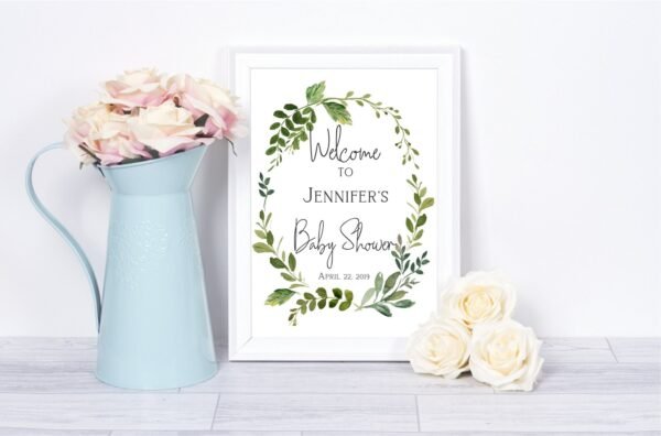 Greenery welcome sign baby shower, watercolor leaves, wreath watercolor, printable welcome sign, bridal shower, shower decoration - Image 2