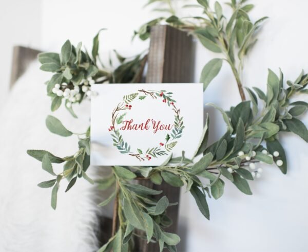 Printable Christmas thank you card, Holidays thank you, christmas wreath watercolor, instant download, CHR06