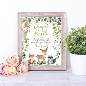 Woodland Diaper Raffle sign baby shower, printable sign, gender neutral, woodland decoration, woodland animals, deer, fox, owl