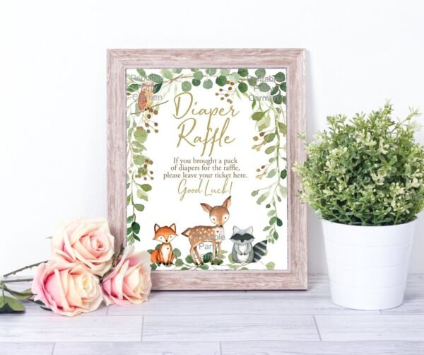 Woodland Diaper Raffle sign baby shower, printable sign, gender neutral, woodland decoration, woodland animals, deer, fox, owl