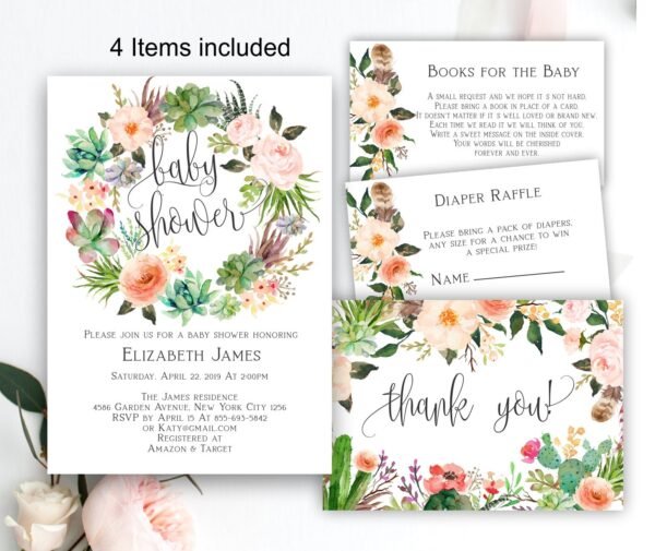 Succulents Baby Shower invitation, Boho baby shower, baby shower invites, brunch for baby, gender neutral, printable invitation